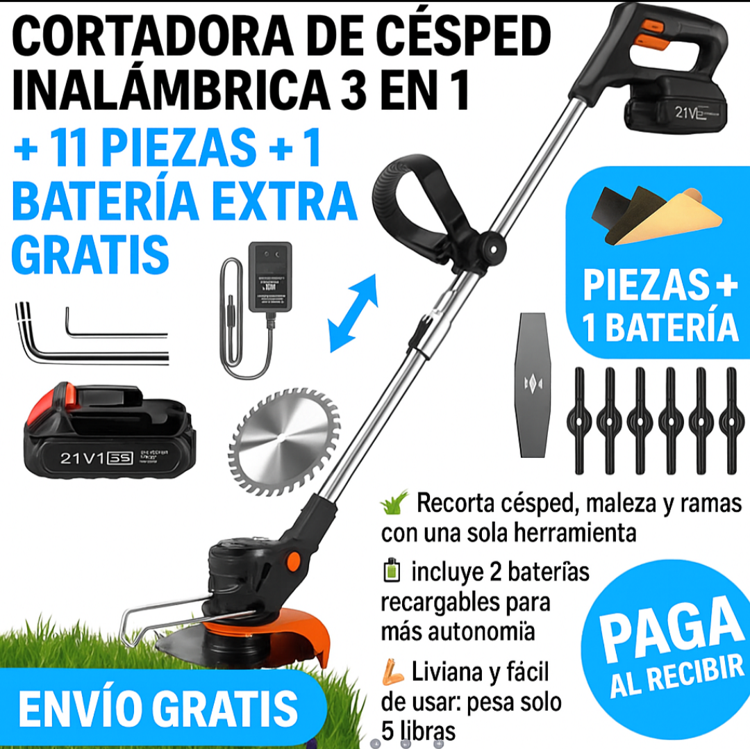 Podadora de pasto "Grass Pro" con 2 baterías + accesorios